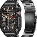 MioHHR Stainless Steel Band and Case Compatible with Apple Watch Band 45mm, Men Metal Protective Bumper Cover for iWatch Series 9/8/7, Black Pattern