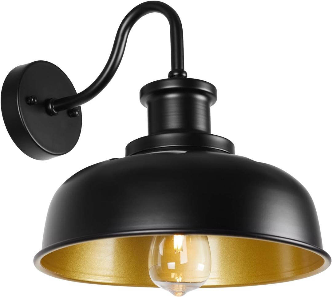 Solar Barn Light for Outside, Outdoor Wall Lights Solar Powered, Farmhouse Exterior Wall Sconce, Industrial Outside Lighting Fixture, Rustic Lantern Works with Gooseneck Barn Shed Garage Patio, Black+Gold, 1 Pack