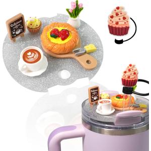 5 x Cup Lid Accessories for Stanley 40 Oz Cup With Silicone Straw Cap, Charms for Tumblers, Miniature Cake Pie & Coffee Decorations for Special Gifts