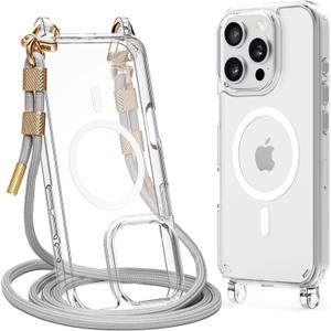 Magnetic Clear Case Compatible with iPhone 16 Pro Case Crossbody Anti Lost Strap Shockproof Protective Lanyard Phone Case Grey (Gray)
