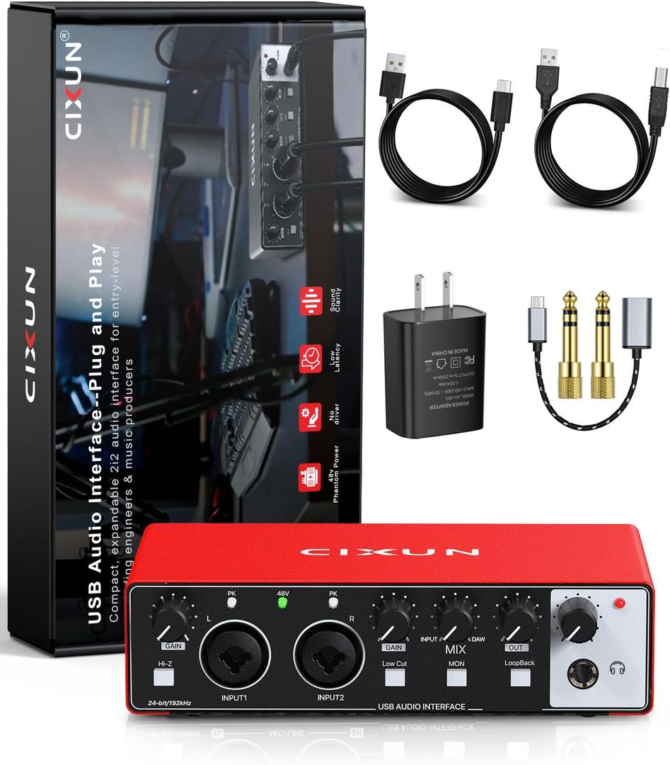 2i2 USB-C Audio Interface for PC/Mac Recording, 24-bit/192kHz, Dual TS/XLR Inputs, +48V Phantom Power, Studio/Podcast/Streaming (Scarlet)