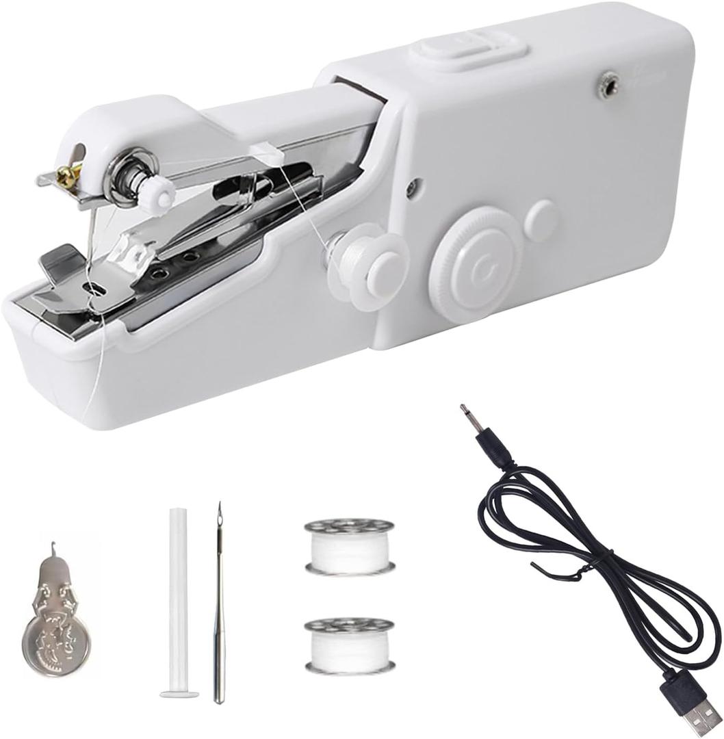 Handheld Mini Sewing Machine, Portable Hand Held Sewing Machine with Adult Kits, With USB Cable Without AA Battery(White)