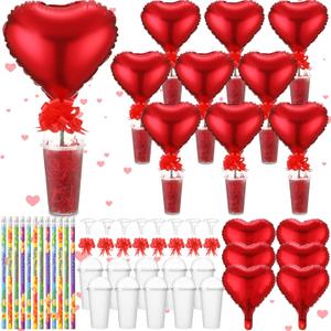 28 Sets Valentine's Day Stationery Return Gifts with Transparent Plastic Cups, Balloons, Bows, Raffia Grass and Pencils for Classroom Valentine's Exchange and School Party Favors(Heart)