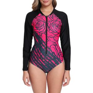 Halcurt Women's One Piece Rash Guard with Built in Bra UPF50+ Zip Long Sleeve Surfing Athletic Swimsuit (Black, XL)