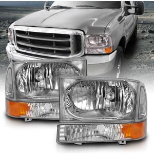 AmeriLite for 1999-2004 Ford Super Duty F250 F350 F450 F550 | Excursion Chrome Factory Style Replacement Headlights w/Corner Bumper Corner Set - Passenger and Driver Side