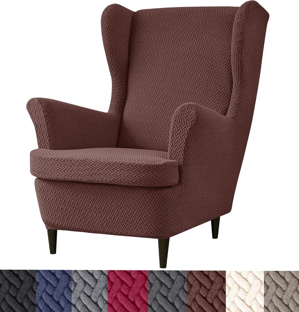HFCNMY Wingback Chair Slipcover, 2 Piece Stretch Jacquard Wingback Chair Covers Thick Wing Back Chair Covers with Arms Wing Chair Slipcover Wing Back Chair Cover with Elastic Bottom Coffee HFCNMY Wingback Chair Slipcover, 2 Piece Stretch Jacquard Wingback Chair Covers Thick Wing Back Chair Covers with Arms Wing Chair Slipcover Wing Back Chair Cover with Elastic Bottom Coffee