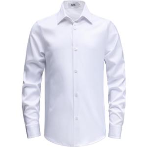 Boys Stretch Wrinkle Free Dress Shirts Button Down Shirt Long Sleeve Formal School Uniform Shirts (White, 14)