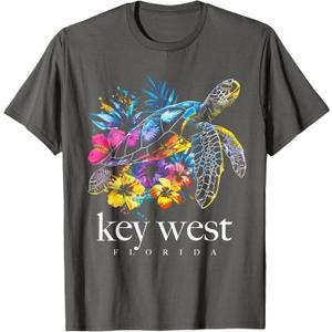 Key West Beach Florida Turtle Flowers Surfer Souvenir T-Shirt, Size L