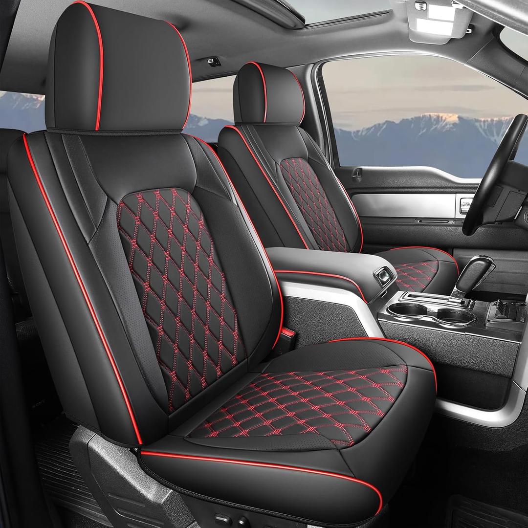 Umbrauto Seat Covers for Ford F150| Waterproof Faux Leather Pickup Truck Seatcovers for 2015-2024 Ford F150 SuperCrew/ 2017-2024 F250 F350 F450 Super Duty Crew Cab XL XLT Lariat King Ranch Platinum (Full Set, Red)