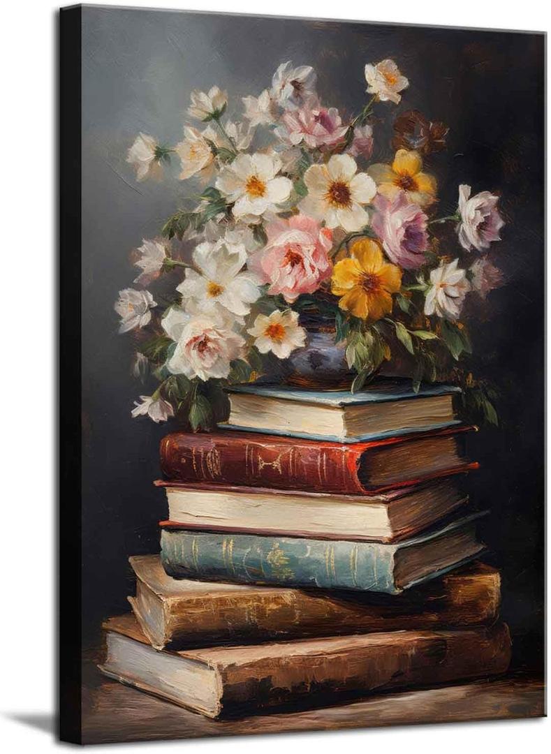 Moody Flower Books Canvas Wall Art, Vintage Spring Wildflowers Poster Prints Dark Academia Floral Gallery Wall Decor Picture Easter Flower Paintings Artwork for Bedroom Living Room Decoration (24"L x 16"W)