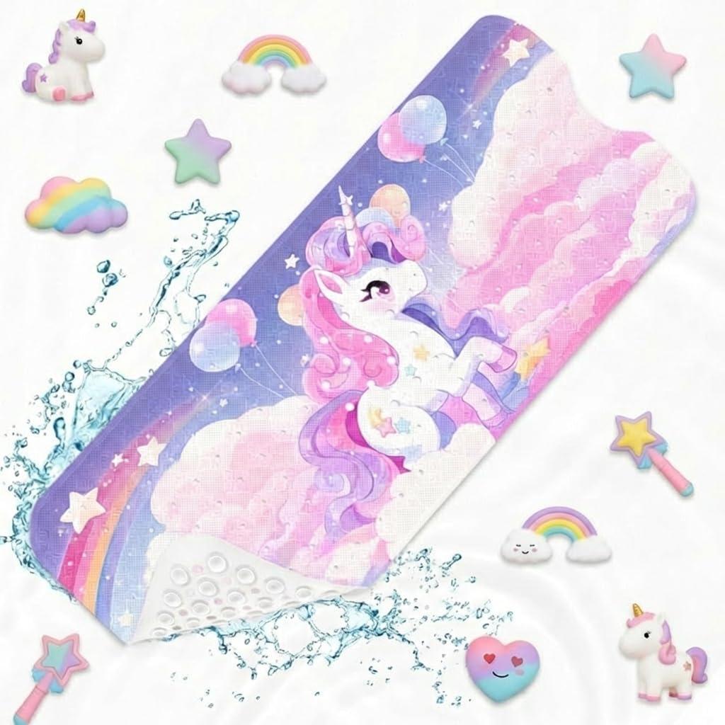 Cute Unicorn Rainbow Bathtub Shower Mat Pink Purple Clouds Non-Slip Tub Mat Extra Long Bath Floor Mats 40X16 Inch Machine Washable for Bathroom Tub Bath Mat for Toddler and Baby