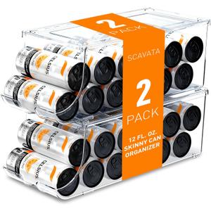 SCAVATA 2 Pack Skinny Can Organizer for Refrigerator, Stackable Tall Skinny Soda Pop Can Holder Dispenser with Lid for Fridge Pantry Rack Freezer, Clear Plastic Storage Bins-Holds 12 Slim Cans Each (Transparent)