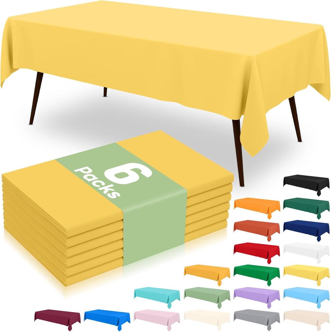 misaya 6 Packs Disposable Plastic Table Cloth, 54 x 108 Inch Waterproof Rectangle Tablecloth, Leakproof & Sturdy Decorative Table Covers for Picnic, Party, Outdoor and Back to School, Yellow