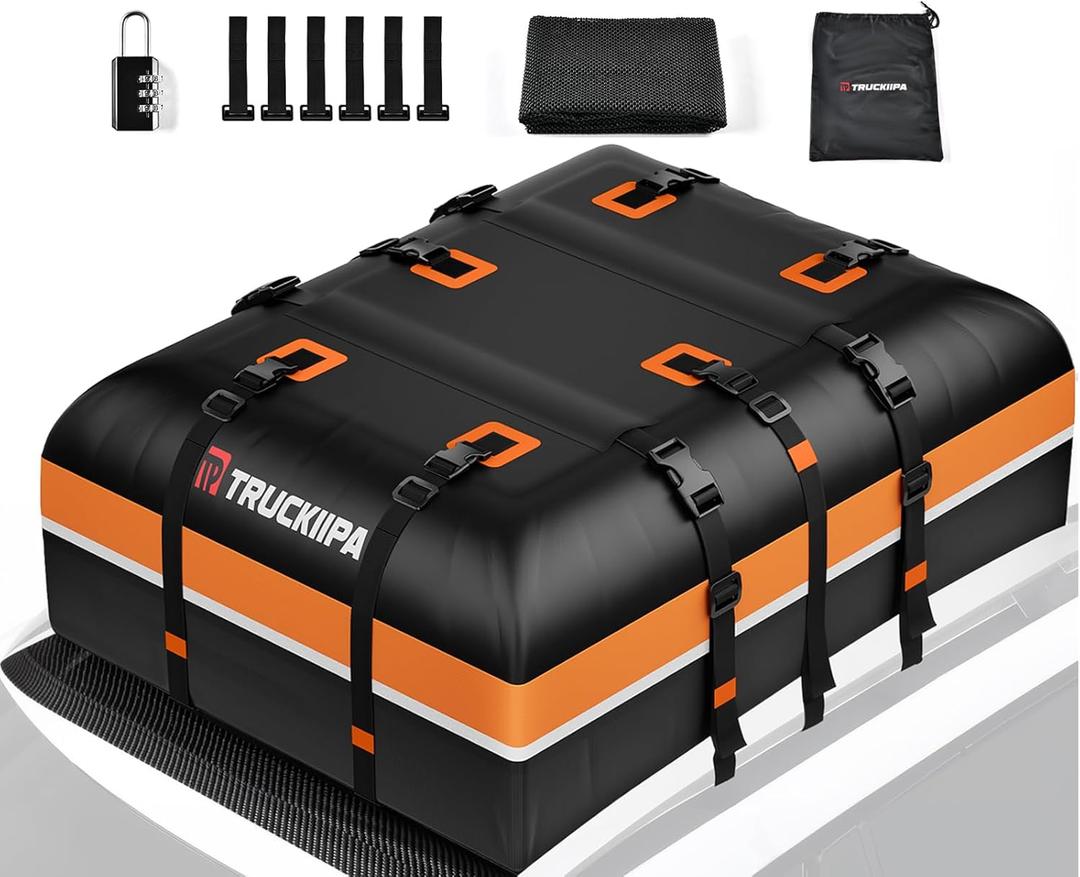 Truckiipa Car Rooftop Cargo Carrier Bag, 20 Cubic Feet Waterproof Roof Cargo Carrier Bag, Soft Shell Car Top Cargo Box for All Vehicles with/Without Racks, Anti-Slip Mat, Door Hooks, Luggage Lock