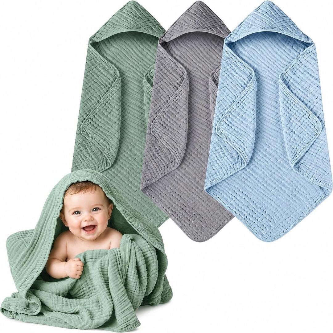 Momsnug 3-Pack Muslin Hooded Baby Towels, 100% Cotton, Ultra-Soft & Absorbent Baby Bath Towels with Hood for Babies, Infant, Toddler and Newbron(35 X 35 Inch) (Green + Grey + Blue)
