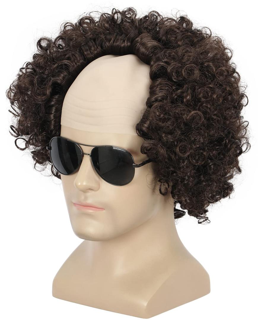 yuehong Adult Short Curly Dark Brown Bald Fluffy Afro Wigs Receding Hairline Costume Hair Soft Breathable Heat Resistant Synthetic Fibers Party Cosplay Wig