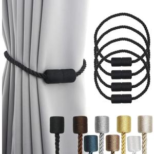 Porlau 4 Pack Strong Magnetic Curtain Tiebacks Outdoor Elegant Decorative Tie Backs Modern Rope Tiebacks for Drapes Window Curtain Holdbacks for Draperies- Black