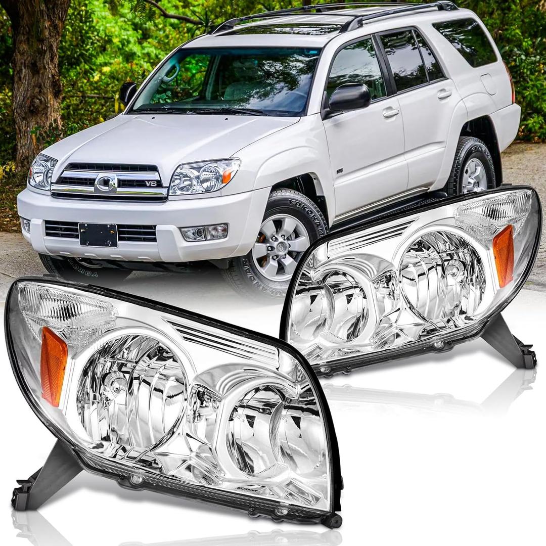 Headlights Assembly Pair for 2003 2004 2005 Toyota 4Runner Limited SR5 Sport Halogen Headlamps Replacement Driver and Passenger Side (LH RH),Chrome Housing Amber Reflector