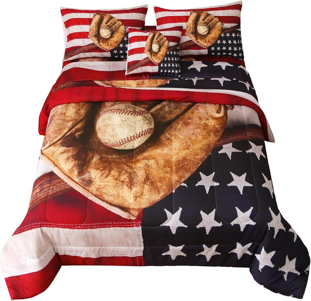 6 Pieces Baseball American Flag Comforter Sets,3D Baseball Pattern,Decorative 6 Piece Bedding Sets with Comforter,Flat Sheet,Fitted Sheet,Throw Pillow Cover,Pillow Shams,Twin Size