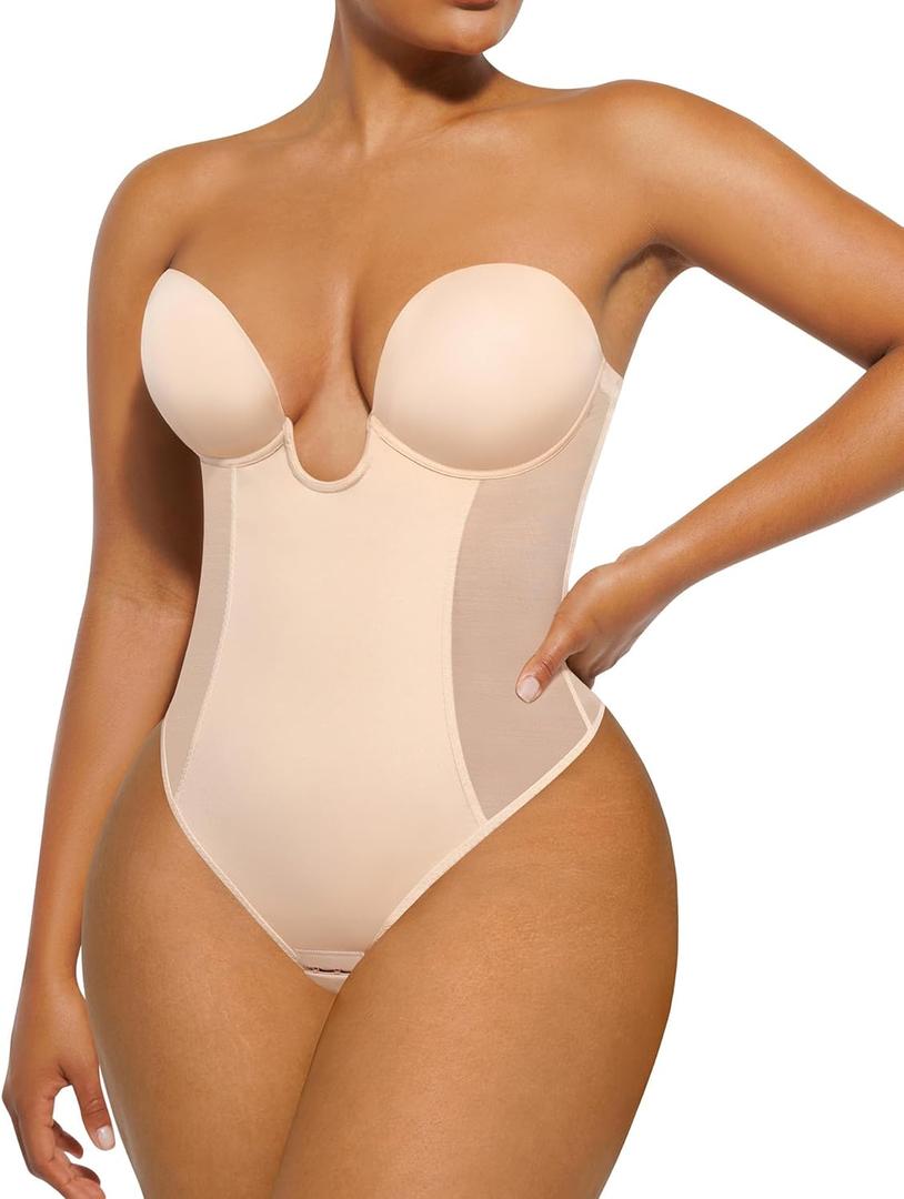 SHAPELLX Strapless Shapewear Bodysuit for Women U Plunge Corset Backless Body Shaper Tummy Control Thong Top Daily Wear