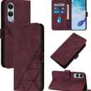 ScandiCasis for Google Pixel 8 Leather Case, Geometric Patterns Wallet Case with 3 Card Slots, Magnetic Closure Kickstand Flip Phone Case Shockproof Cover, Burgundy