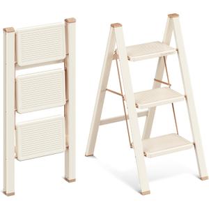 3 Step Ladder, 3 Step Stool for Adults, Folding Step Ladder with Secure Footing, Widened Pedal, Aesthetically Pleasing Looking, Blends Right into Domestic Rooms, Cream Chocolate