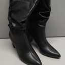 Syktkmx Womens Mid Calf Dress Boots Slouchy Pointed Toe Fall Winter Chunky Block High Heel Slip on Boots, 7