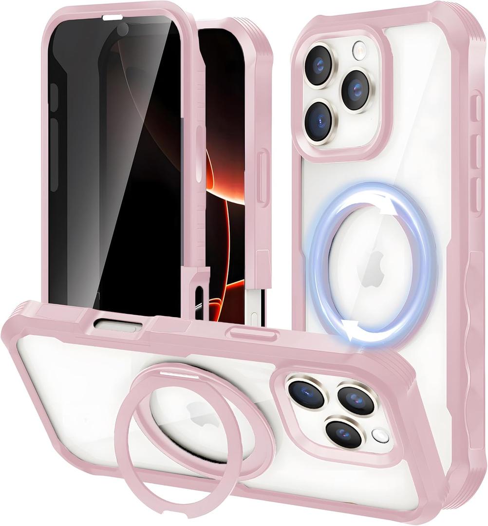 Privacy Case for iPhone 16 Pro with 360° Rotatable Stand, Fit for MagSafe, Military Grade Drop Tested, 9H Privacy Screen Protector Ring Kickstand Anti Peep Full Body Shockproof Rugged Magnetic Case