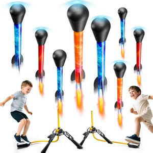 Rockets for Kids Age 4-8 with 8 LED Rockets and 2 Launcher - Outdoor Toys for 4 5 6 7 8-12 Year Old Boy Birthday Gift, Air Powered Flying Toy Shooting Up to 100 Feet, Toys for Kids Ages 8-12