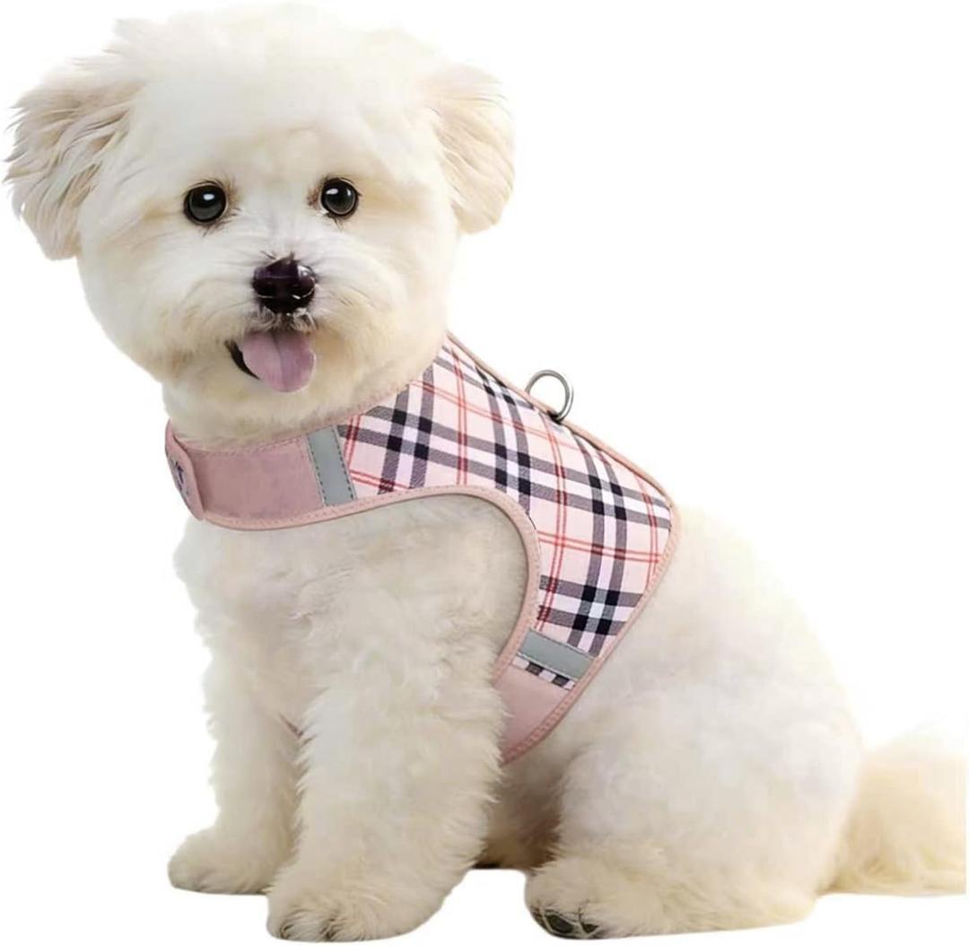 Dog Harness for Small Sized Dog,Hook-and-Loop Easy On/Off, Reflective Adjustable Soft Mesh Vest for Puppy (Checkered Beige,L)