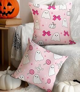 Puresora Halloween Pillow Covers 18x18 Set of 2 Throw Pillow Cases Soft Cushion Case Pillowcase for Chair Sofa Bedroom Living Room Home Decor, Pink