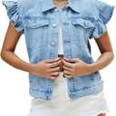 Ladyful Womens Denim Vest Top Ruffle Cap Sleeve Jean Vest Button Down Sleeveless Denim Jacket (XX-Large, Light Blue)