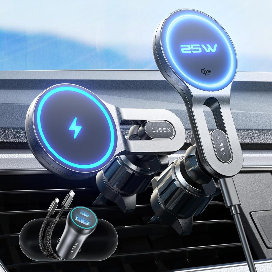 LISEN for Qi2.2 25W MagSafe Car Mount Charger, [Stable & Fast Charging] Magnetic Wireless Car Charger, Car Phone Holder Charger Car Accessories Fits iPhone 17 Pro Max Air 16/15/14/13/ Galaxy S26 Ultra (Compact/Small, Black)
