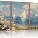 FWIEXA Coastal Wildflower Canvas Wall Art Framed, Ocean Sailboats Pictures Wall Decor, Beach Flower Seascape Painting, Blue Sky 3 Pieces 24x36In Artwork for Living Room, Bedroom, Bathroom, Rustic Farmhouse