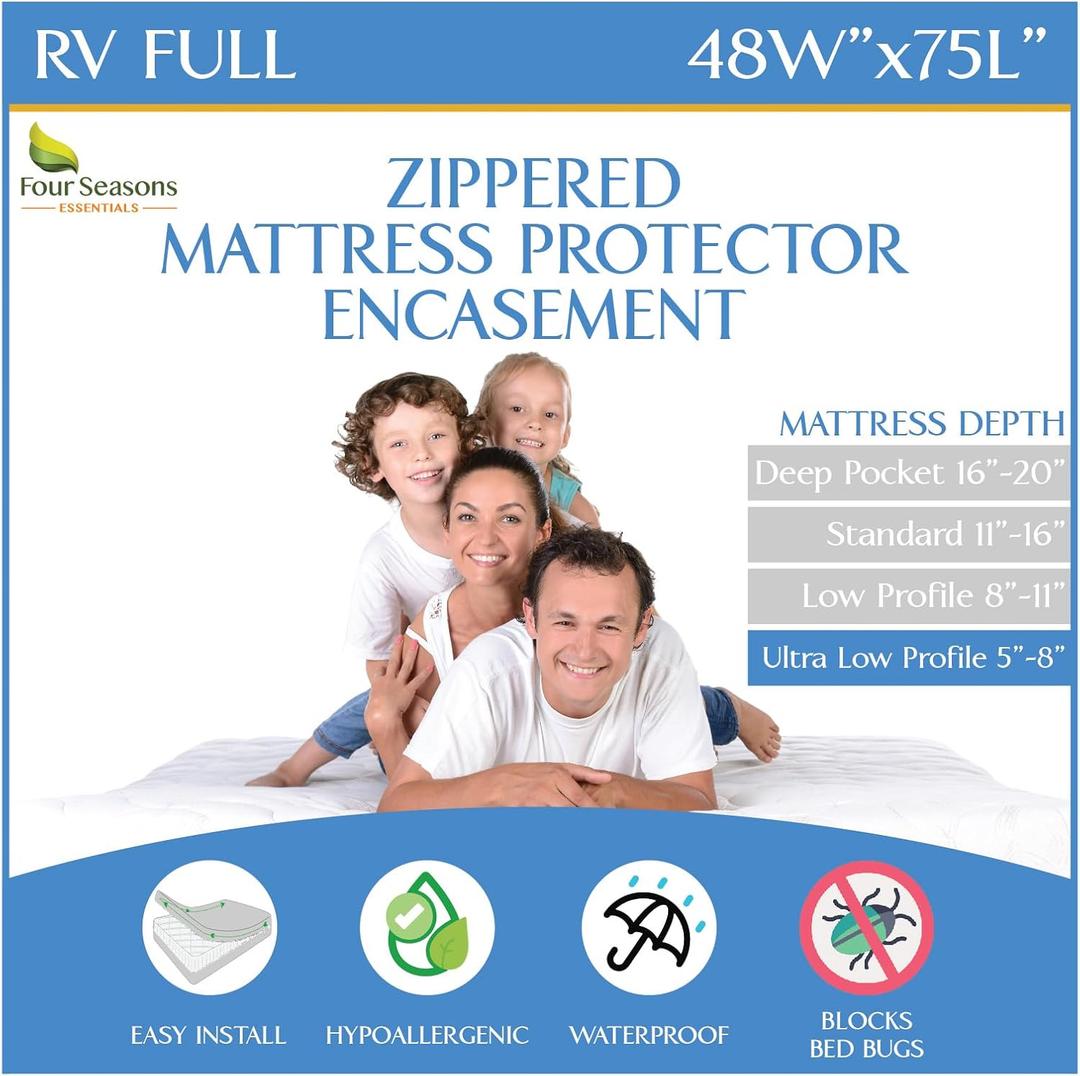 RV Short Full Mattress Protector (48 W x 75" L) Fits 5"-8" Depth - Waterproof Zippered Encasement - Fits Three Quarter 3/4 Full Mattress - Hypoallergenic Premium Bed Cover RV Short Full Mattress Protector (48 W x 75" L) Fits 5"-8" Depth - Waterproof Zippered Encasement - Fits Three Quarter 3/4 Full Mattress - Hypoallergenic Premium Bed Cover