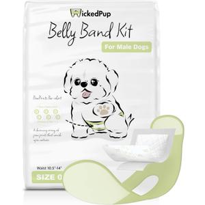 WICKEDPUP Male Dog Belly Band Kit, 50 Diaper Pads & 1 Reusable Male Wrap (Size 0 (10.5"-14" Waist))
