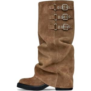 Knee High Boots Women Fall Slouchy Fold Over Tall Boots - Motorcycle, Hidden Zipper, Fashion Buckle, Platform, Square Toe (10, 1 Taupe)