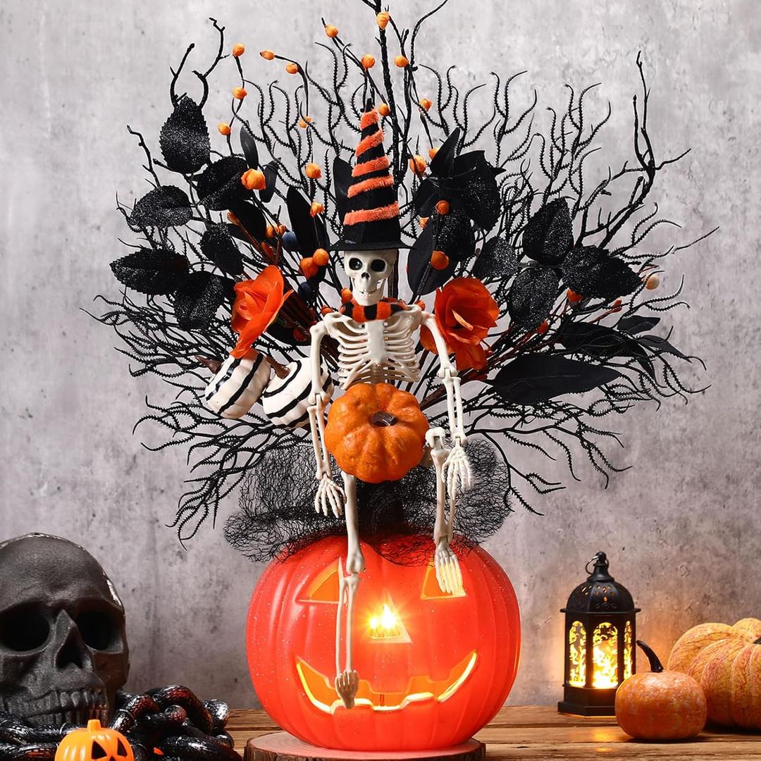 Large Halloween Tabletop Decorations with Lights 17.7'' x 11'' Halloween Table Centerpieces Halloweens Artificial Flower Skeleton Skull Pumpkin Table Decor for Home Indoor Party Supplies