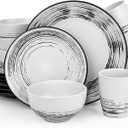 Homlouue 16 Pcs Stoneware Dinnerware Sets for 4, Porcelain Farmhouse Plates Bowls Mugs Set - Minimalist Chip Resistant Dish Set, Microwave & Dishwasher Safe in White and Black Thread