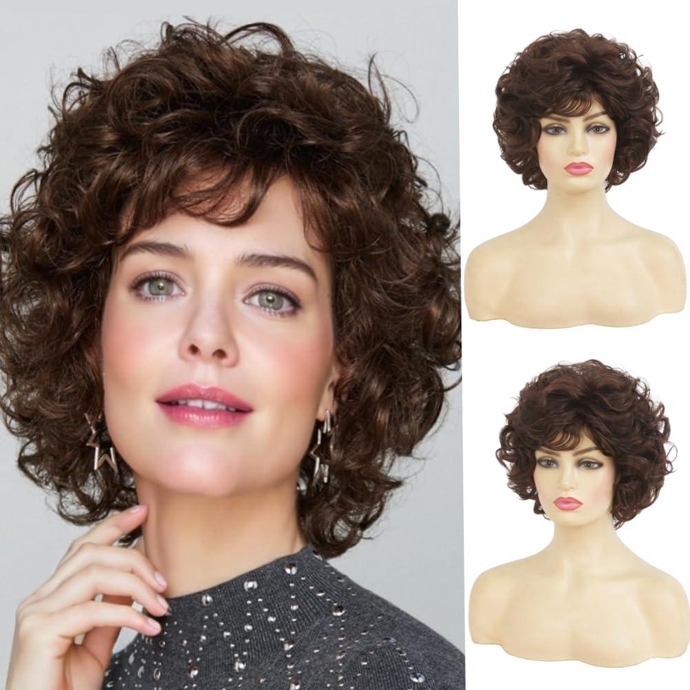 Short Brown Curly Wig with Bangs Wigs for Women Brown Bob Curly Shaggy Synthetic Full Natural Looking Daily Paty Wig