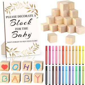 Baby Shower Games Kit with 50 Baby Shower Blocks 24 Markers, and Game Sign, 7.9 x 5.1 inches