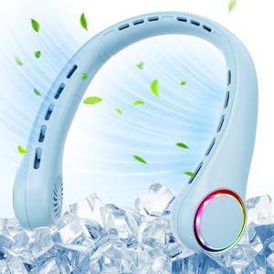 Neck Fan - 360° Cooling Portable Fan with LED Light, Super Quiet Wearable Personal Fan, Summer Essentials & Must Haves Travel Fan for Home Office Travel Beach, Gifts for Men Women Light Blue 