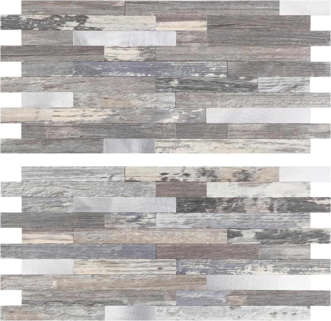 Yipscazo 10 Sheets Peel and Stick Stone Metal Backsplash, PVC Wall Tiles Stick on Tiles for Backsplash Kitchen, Bathroom, Fireplace (6'' X 12'', Light Wood)