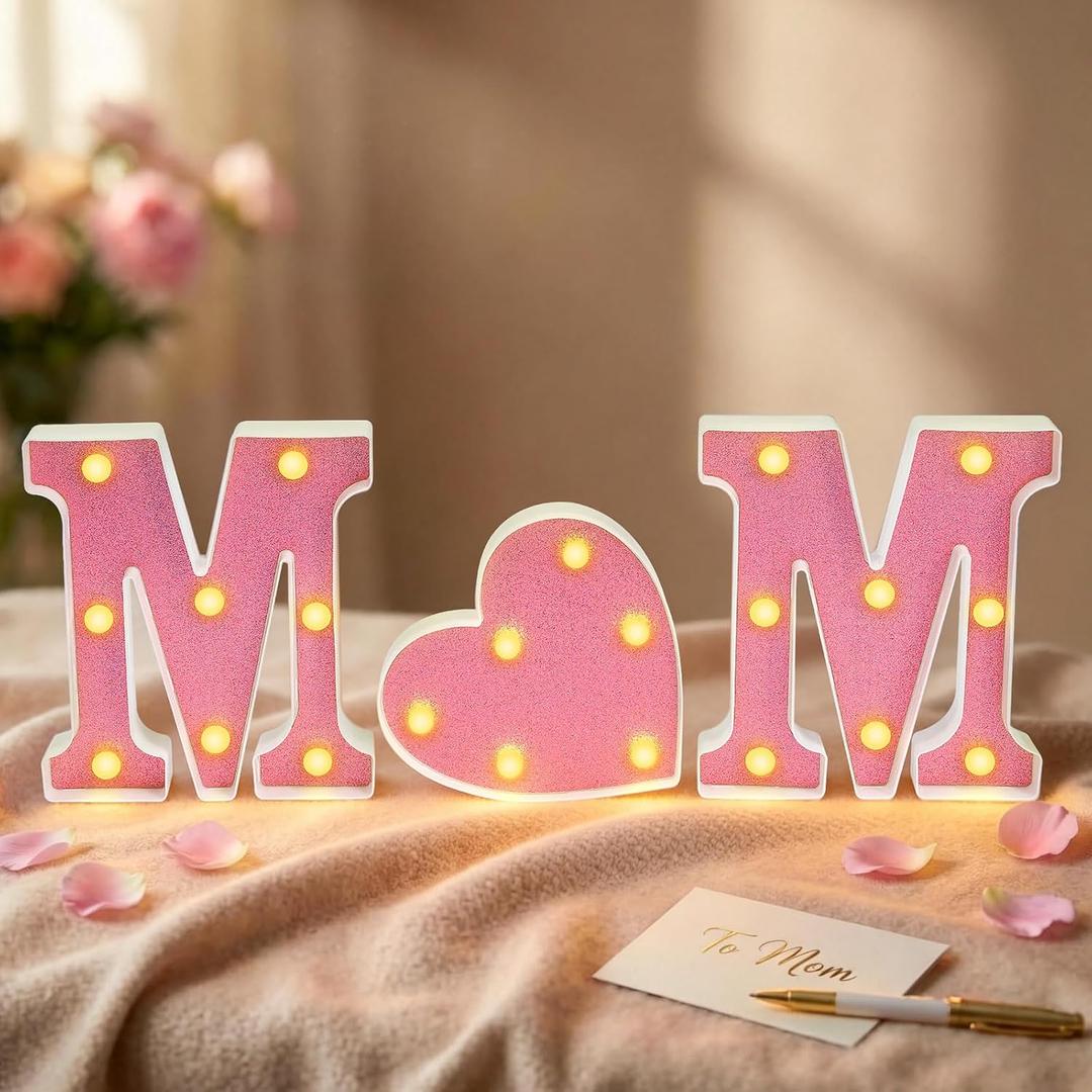 3 Pcs Happy Mothers Day Decorations Mom Light up Letters, 8.07 Inch Battery Powered Pink Mom Sign Led Lights Table Centerpiece Shelf Mantel Dining Room Party Home Decor Night Family Supply