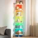 MonaSixy 6 Tier Corner Shelf with Light, Music Synic 60000 DIY LED Color Smart Remote Tall Display Shelves Corner Shelf Stand Bookshelf Wood Rack Metal Frame for Living Game Room Bedroom, White