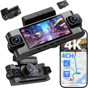 4 Channel Dash Cam 360 View,4K Front Rear Inside Dashcam,Left Right Dash Camera for Cars,Built-in GPS, 5G WiFi,Voice Control,Night Vision, 24/7 Recording Parking Mode Monitor, Free 128G Card (Black)