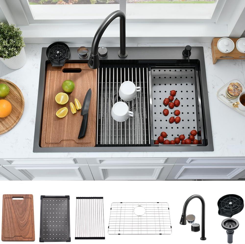 33x22 Black Waterfall Drop In Kitchen Sink with Fuacet Combo, 33" W x 22" D x 10" H