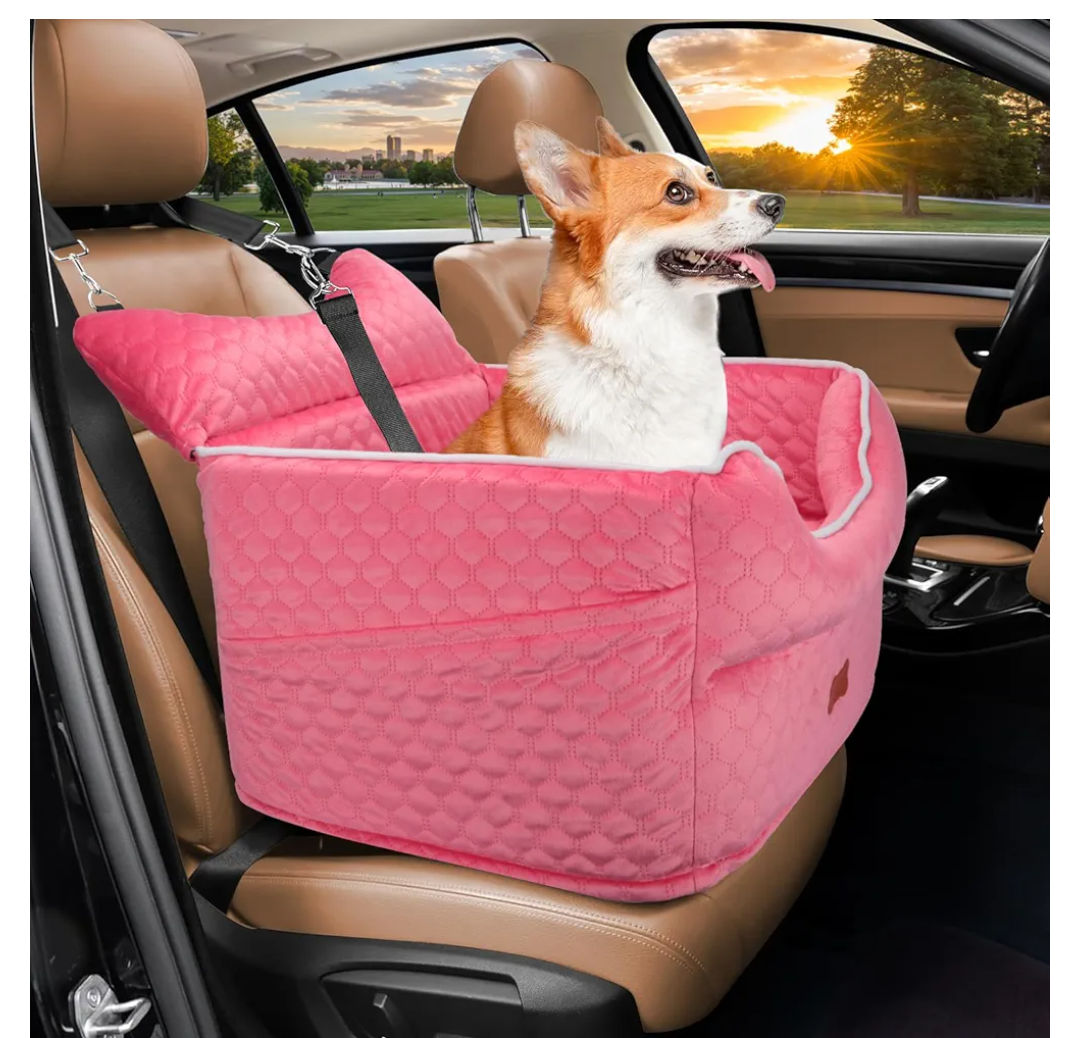 Dog Car Seat - Memory Foam Dog Booster Seat for Small Dogs Up to 25lbs-Elevated Pet Car Seat with Storage Pockets and Dog Seat Belt-Soft Pet Travel Bed for Front & Back Seats-Removable Washable-Pink, 48.8L x 45W x 29.7H centimeters