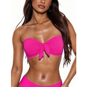 MakeMeChic Women's Bandeau Bikini Top Knot Front Strapless Swimsuit Bathing Tops Hot Pink Large
