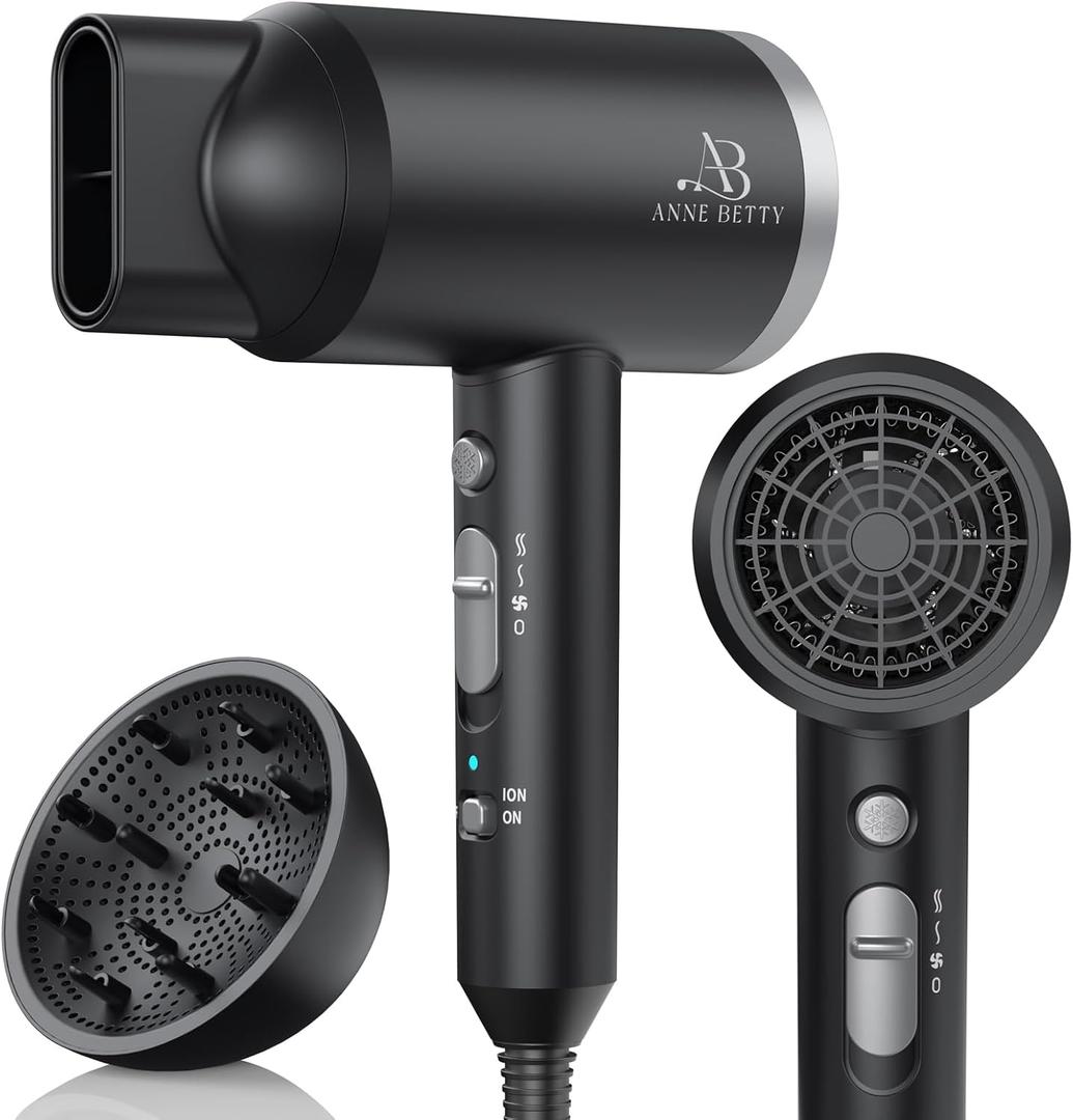 Ionic Hair Dryer with Diffuser, Powerful 1800W Blow Dryer for Women & Men, Fast-Drying Hair Dryer with Nozzle for Home, Salon, Travel (Black)